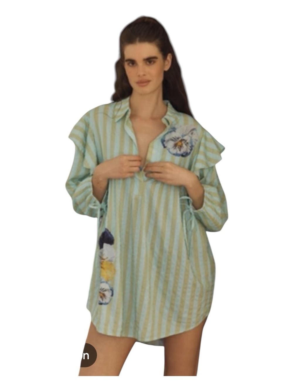 Anthropologie Mint & Cream Striped Floral-Appliqué Mini Dress
